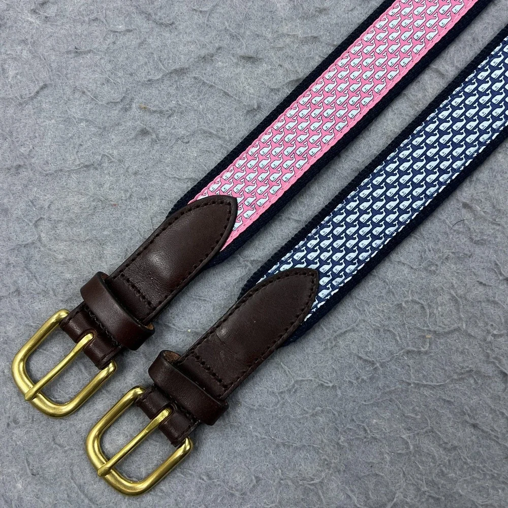 Vineyard Vines Club Belt Lot of 2 Mens 28/30 Mini Whale Silk Brown Leather Brass